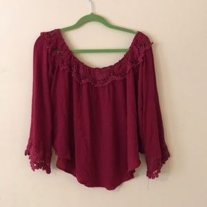 red off the shoulder shirt